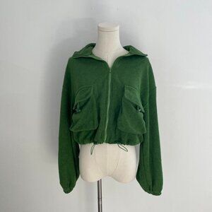 Cider Terry Stand Collar Drawstring Jacket | Green | Womens Size Small